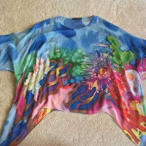 Cocoon House Sheer 100% Silk Pointed Top Blouse S/M Abstract Floral Sway Flowy